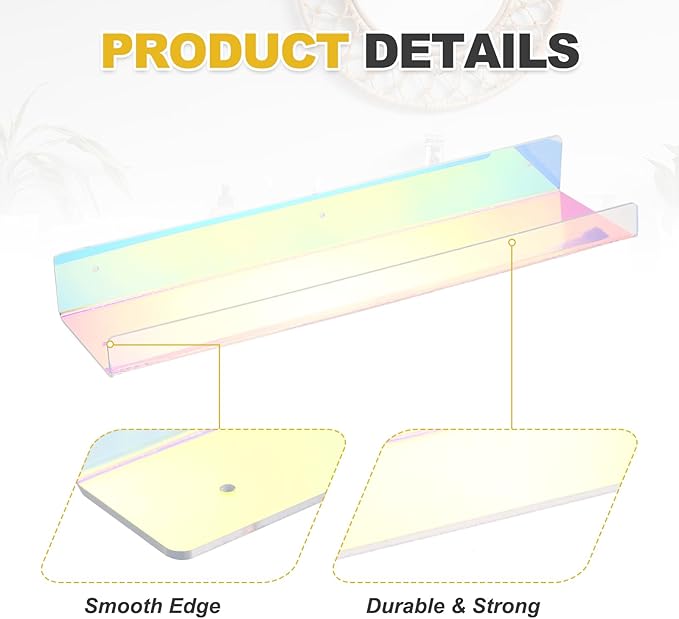 MECCANIXITY 2 Pack Acrylic Shelves for Wall, 15 Inch Rainbow Floating Shelves Wall Mount Display Shelf Organizer for Bathroom, Bedroom, Living Room, Room Decor