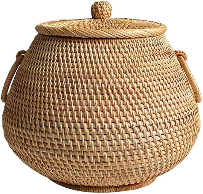 EUBUY Round Rattan Storage Basket with Lid, Hand Woven Rattan Decorative Box for Tea, Fruit, Snacks, Home Desktop Decor