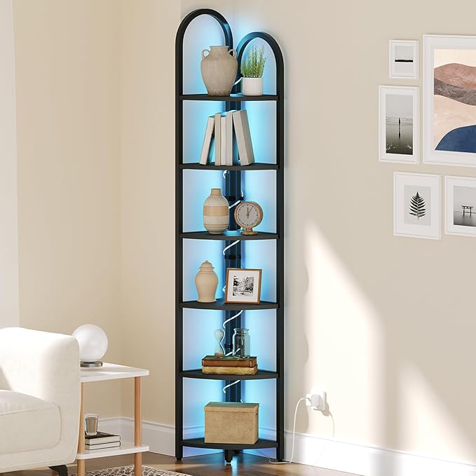 MAHANCRIS 6 Tier Corner Shelf with LED Light, 74.6'' Tall Corner Bookshelf Stand, Narrow Display Bookcase with Storage Rack for Wall Corner, Living Room, Bedroom, Small Spaces, Black CSBK66101
