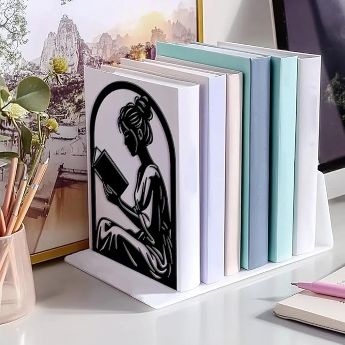 Peacoblue Metal Bookends for Shelves, Modern Decorative Heavy Duty Study Book Ends Stoppers for Office, Desk, Shelf, Room 5.3"x4.3"x7.9" Cast Iron Simple Tall Bookends 1 Pair (Reading Girl)
