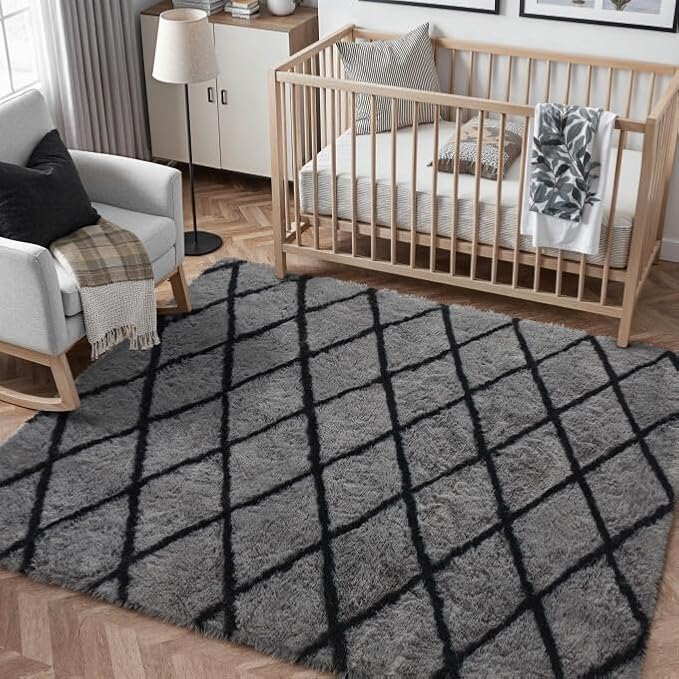 PureCozy 4x6 Checkered Rug for Living Room Grey and White Modern Soft Area Rug Fluffy Non-Slip Carpet for Bedroom Playroom Home Aesthetic Decor
