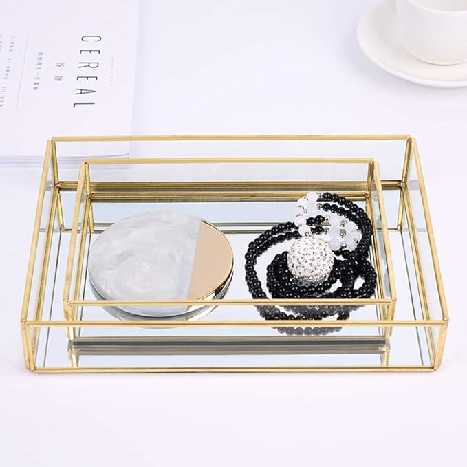 Gold Perfume Tray, Rectangle Decorative Glass Mirror Vanity Tray Jewelry Photo Display Organizer for Trinket Cosmetics Makeup Bathroom Bedroom Home Table Decorative (L)