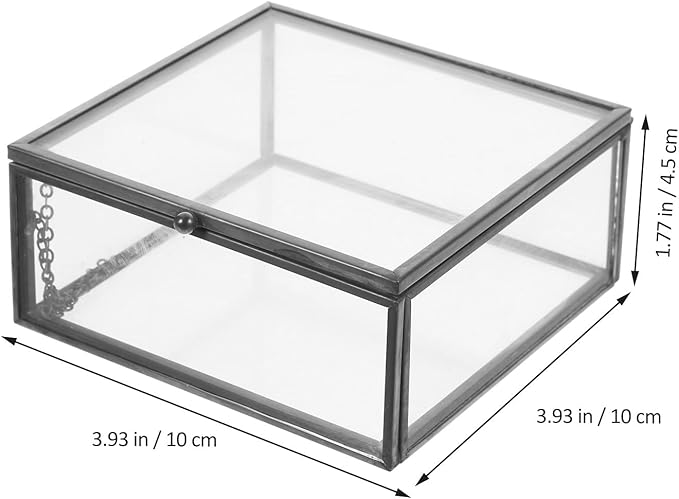 SHINEOFI Jewelry Storage Box with Glass Container and Black Alloy Frame, Perfume and Cosmetic Organizer Case with Lid, Dustproof Desktop Jewelry Holder for Home Use