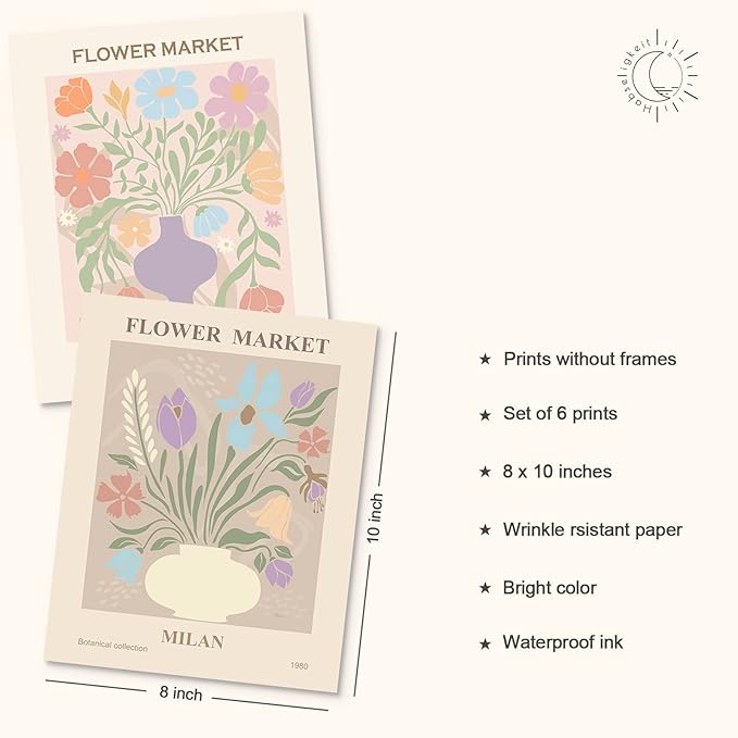 Habseligkeit Danish Pastel Wall Art Prints, Flower Market Retro Posters, Vintage Floral Art Prints, Cute Matisse Room Decor Aesthetic for Bedroom Wall Decor（8x10inch, Unframed