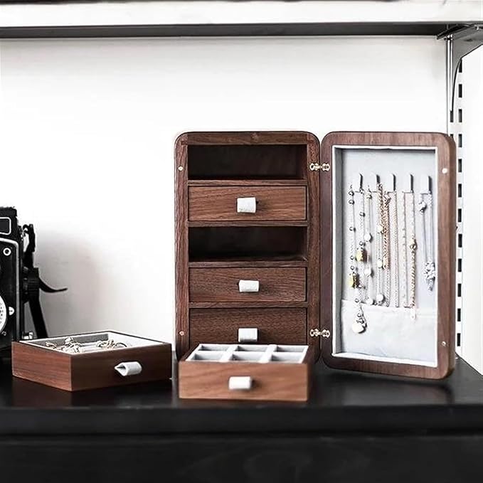 Ring Box Solid Wood Watches Drawer Storage Box Earrings Necklace Case Makeup Table Multi-Layer Display Shelves Organizer Ring Boxes For Jewellery