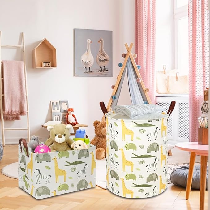NTAOHAMPER Kids Laundry Hamper, Green Laundry Basket, Baby Nursery Hamper, Waterproof Storage Bin, Clothes Organizer Basket, Room Decor(Green Animal)