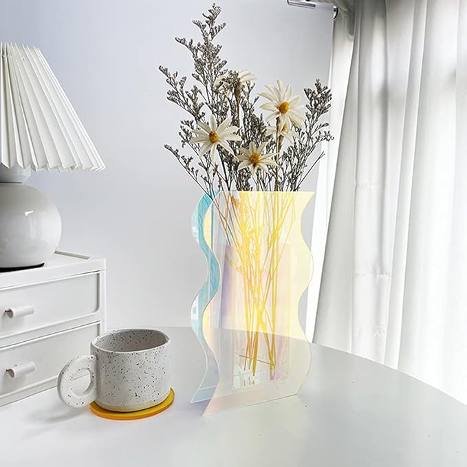 Smartmak Iridescent Acrylic Vase, Rainbow Colored Clear Modern Design Vases Home Décor, Colorful Wedding Decorations, for Artificial Flower, Office, Tabletop, Make Up Brushes Organizer Holder- L