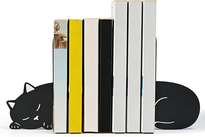 BEISE Cat Bookends for Shelves & Desk, Decorative Metal Bookend, Cute Black Kitties Book Organizer for Bookshelf Decor, Home Office Decor, Unique Book Lover Gift Set, Unusual Gifts for Cat Lovers