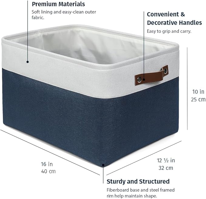 OrganiHaus Extra Large Fabric Storage Baskets for Shelves 3 Pack, 16x13in Closet Storage Bins, Canvas Baskets for Organizing, Linen Closet Organizers, Cloth Basket, Navy Blue/Off-White