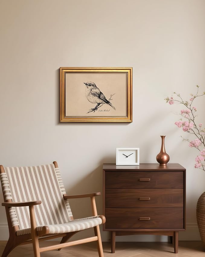 Bzstyleart Vintage Wall Art Decor for Living Room, Framed Vintage Bird Wall Art Canvas Prints Home Decor Aesthetic, Sketch Painting Picture for Bedroom Kitchen, New York State, 12L x 16W