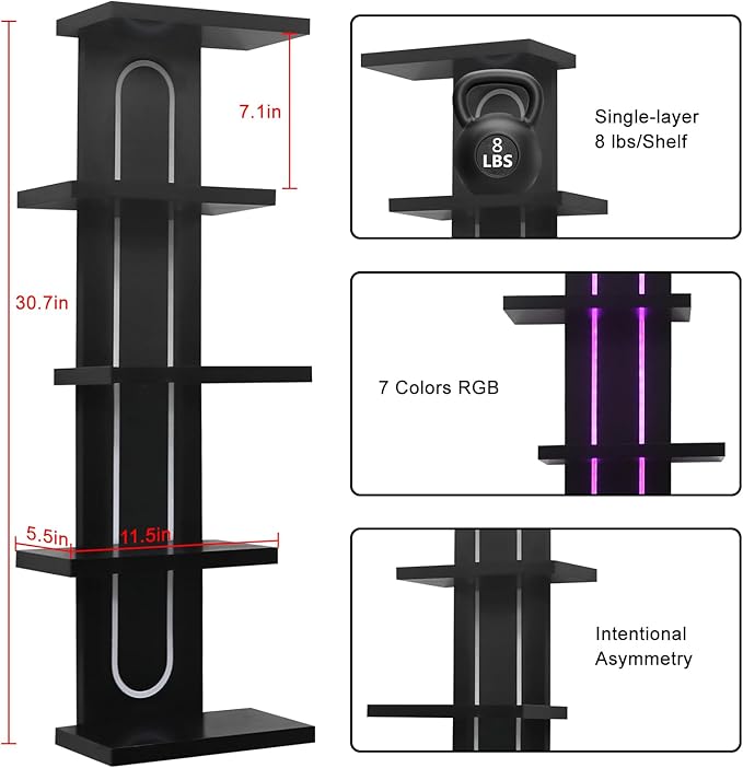 Homaterial RGB Wall Shelves for Gaming Room & Display, 5-Tier Unique Staggered Floating Shelves with Lights & Remote, Vertical MDF Shelf for Collectibles, Room Decor, Black