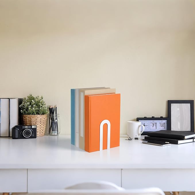 Chunful 6 Pcs White Book Ends for Shelves Modern Metal Bookends Decorative Small Bookends Book Shelf Organizer Minimalist Design Stopper to Hold Books for Home Office (5.5 * 3.75 * 2.25inch)