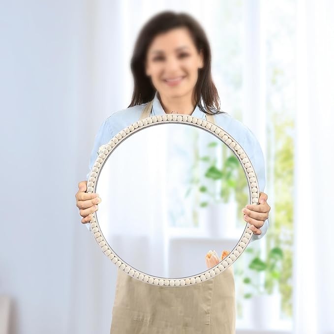 SWTHONY 20 Inch Boho Beaded Round Mirror Wall Decor, Decorative Hanging Circle Nursery Mirrors for Girl Room, Farmhouse, Livingroom, Bedroom