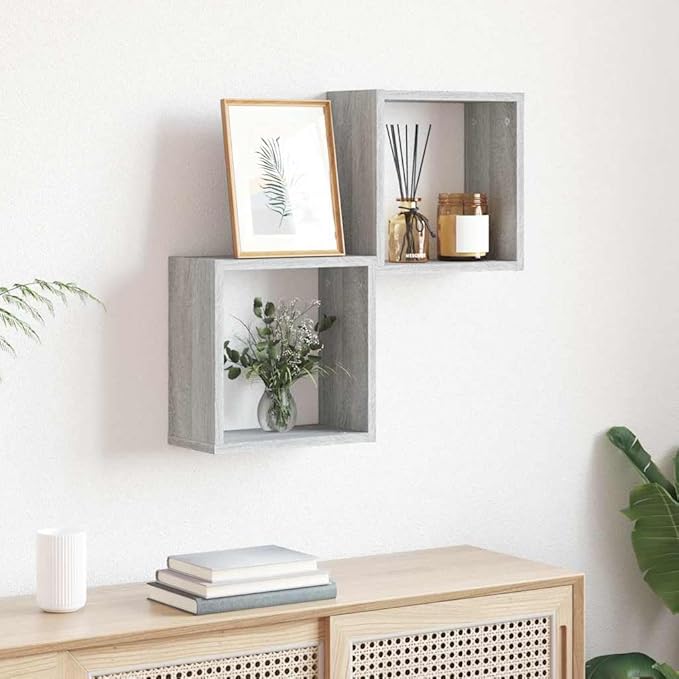 vidaXL Modern Wall Cube Shelves Set of 2 Gray Sonoma 11.8X5.9X11.8 in Storage Floating Mounted for Living Room and Office Display Shelf Organizer Hanging Bookshelf