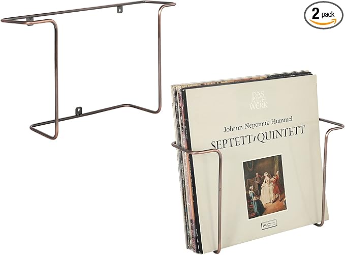 MyGift Modern Metal Wire Wall Mounted Vinyl Records Storage Racks, Hanging LP Record Holders, Floating Album Cover Display Shelves, Set of 2 (Vintage Copper-2 Pcs)