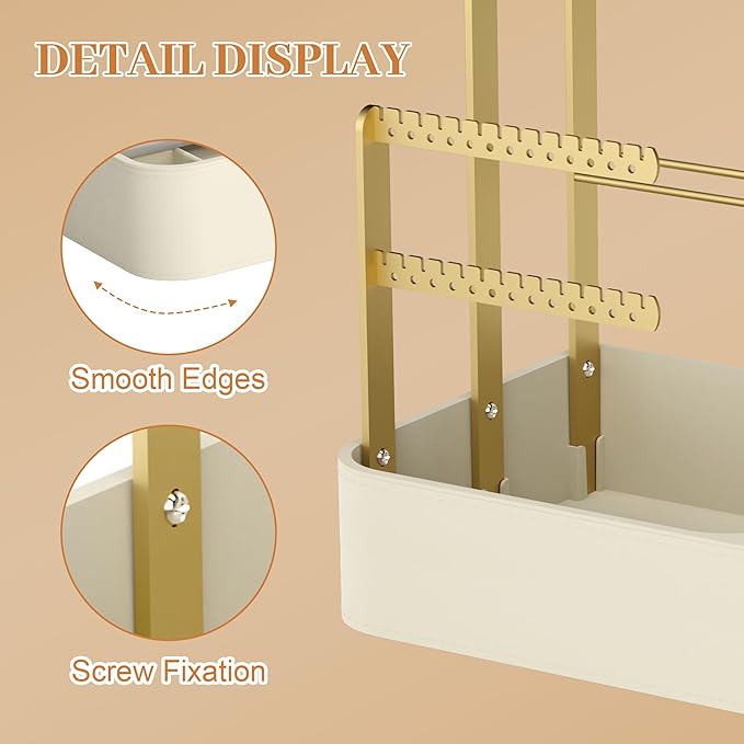 Jewelry Stand With Makeup Mirror, 4 Tiers Jewelry Holder Organizer, Jewelry Display Stand for Bracelet, Necklace, Earrings, Rings, 1000mAh 3-Color Lighting Makeup Mirror, Beige