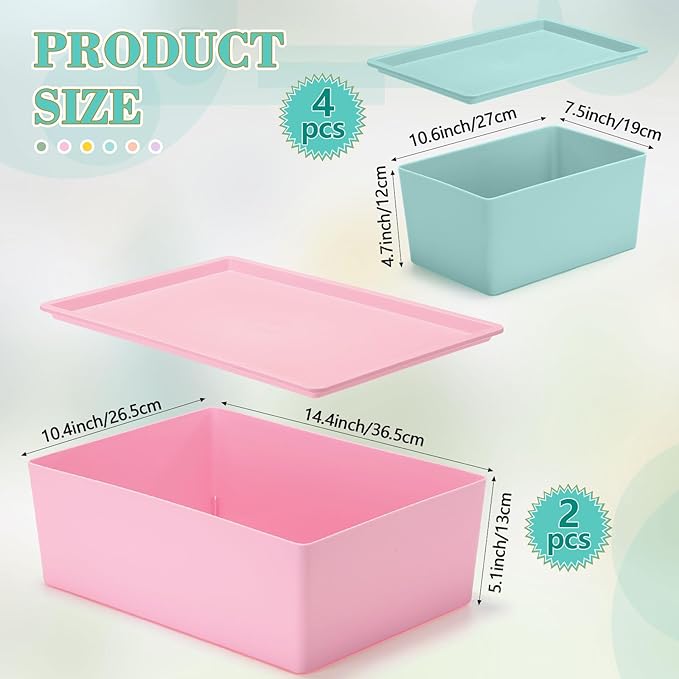 Menkxi 6 Pcs Plastic Storage Bins with Lids Stackable Storage Containers Durable Box Baskets for Organizing Shelves Playroom Classroom Office (Macaron Color,Large and Small)