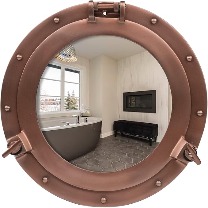 15 Inch Bathroom Wall Decor Ship Porthole Mirror with Copper Finish – Vintage Round Wall Mounted Mirror for Bathroom Vanity, Nautical Pirate Coastal Vintage Home Décor