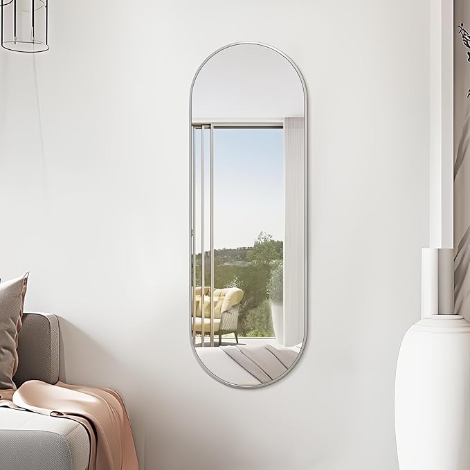 Niccy 48"×16" Oval Full Length Mirror, Long Oval Mirror with Unique Metal Frame Large Explosion-Proof Hanging Mirror for Living Room, Decorative Vanity Mirror for Bathroom, Bedroom, Silver