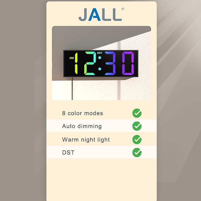 JALL 12'' Large Digital Wall Clock, Big LED Number Dispaly, RGB Colors, DST, Night Light for Classroom Living Room Bedroom Mounted Birthday Xmas Gift for Senior, Mem Womem (Black, 12 inches)