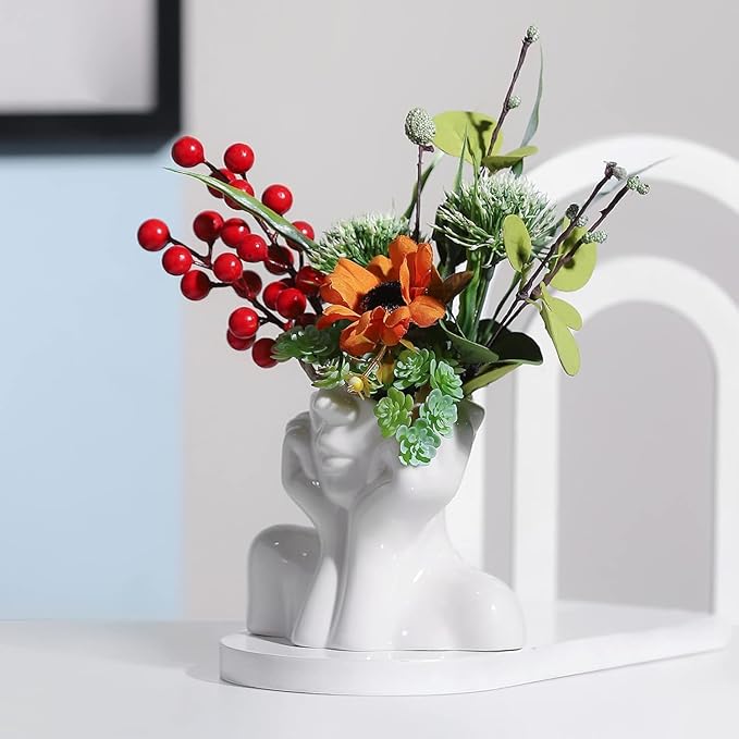 White Ceramic Vase Creative Human Body Art Design Multi Functional Office Desktop Organizer Pen Holder Makeup Brush Holder Home Decor Vase for Flowers Boho Ceramic Vases Stylish Decorative Accent (A)