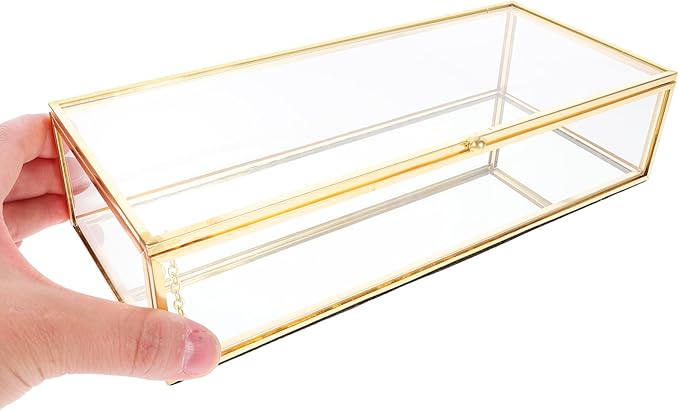Glass Jewelry Box with Lid 23x10x5.5cm Metal Frame Glass Case Perfume and Cosmetic Organizer for Necklace Ring Storage Desktop Display