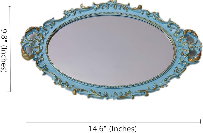 Oval Decorative Mirror Tray, French Style Flower Frame, Makeup Organizer, Jewelry Organizer, Serving Tray, 9.8"x 14.6", Golden Blue