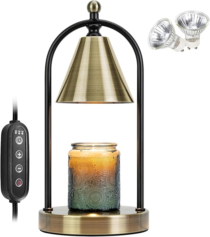 Soilsiu Candle Warmer Lamp with Timer, Electric Brass Light for Dimmable Wax Melts and Candle Jars, Bedroom Lamp Gifts for Women Home Decor (2 Bulbs)