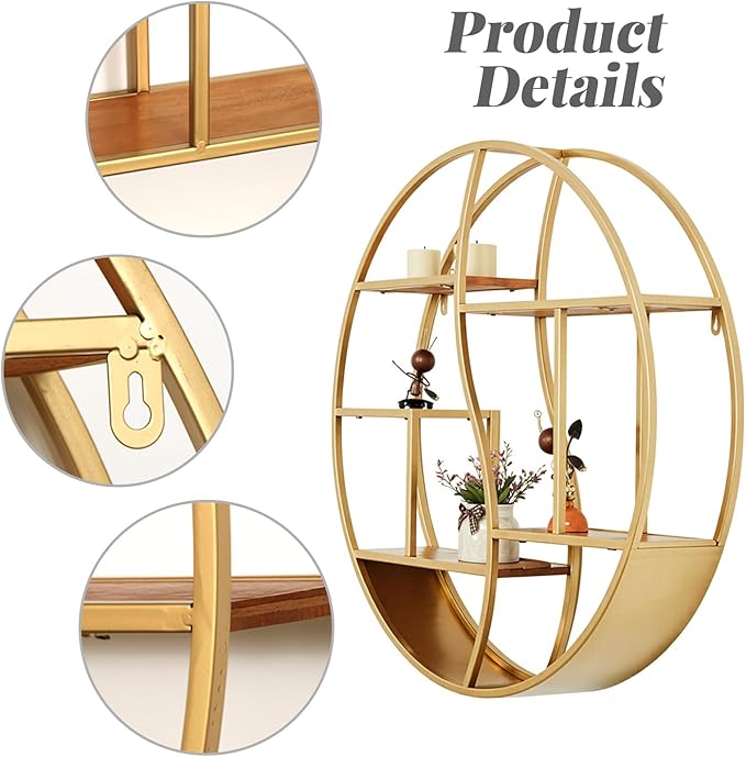 Round Wall Shelf,24 inch Metal Circle Shelf Wood Floating Shelves,Rustic Gold Wall Mounted Display Organizer Shelf for Fireplace,Living Room,Bathroom
