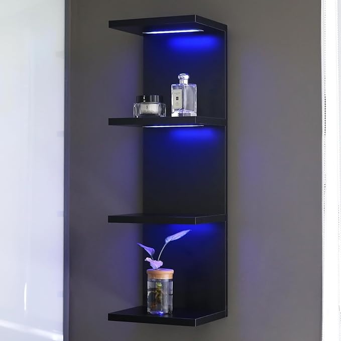 4 Tier RGB Wall Shelf-Gaming Shelf with Remote Control, Lack Shelves with Light for Bedroom | Easy to Install Cosmetic & Display Modern Shelf, Black