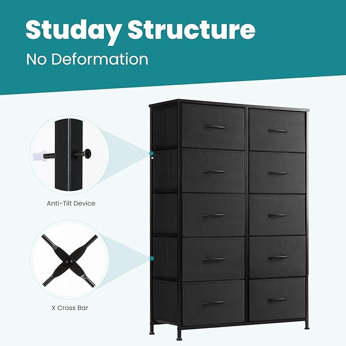 OLIXIS 10 Drawers Storage Organizers Units, Closet Organizers and Storage for Clothes, Fabric Storage Drawer for Living Room, Chest of Dresser in 31.49" D x 11.8" W x 45.78" H, Black