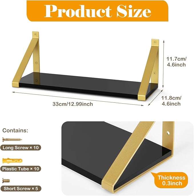 Gold Black Floating Shelves Wall Mounted Set of 2, 8mm Transparent Acrylic, Invisible Wall Shelves for Bedroom, Living Room, Bathroom, Kitchen, Office Display Decor (13in)