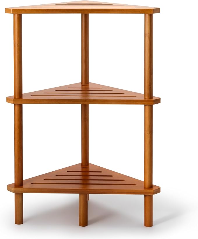 Yoshiky 3-Tier Free Standing Corner Shower Caddy, Bamboo Wood Bathroom Shower Shelf Table for Inside Shower Organizer & Storage Foot Rest Shower Stool