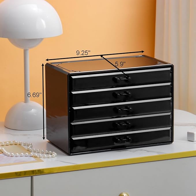 YUFONG Necklace Holder Organizer, Dustproof Necklace Box Velvet Necklace Organizer Box with Lid Clear Acrylic Dustproof Stackable Jewelry Displays for Necklaces Chain Display (Black Black, 5 Drawer)