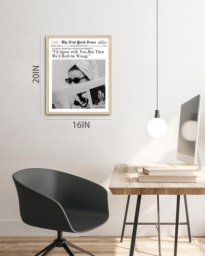 Bwodke OAK Wood Framed Wall Art News Canvas Art Cool Girl Pictures Magazine Bar Cart Wall Decor Vintage Prints Trendy Newspaper Artwork for Girly Dorm Bedroom 16"x20"
