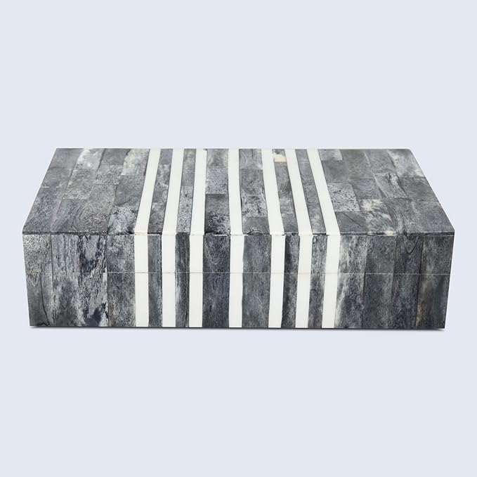 Handicrafts Home Decorative Storage Box with Lid, Patisserie Cafe Stripe Pattern Remote Holder Box, Wide Coffee Table Storage Organizer, Wooden Living Room Kitchen Storage Box, Grey & White, 10x6x2.5
