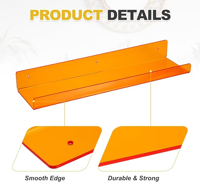 MECCANIXITY 4 Pack Acrylic Shelves for Wall, 15 Inch Orange Floating Shelves Wall Mount Display Shelf Organizer for Bathroom, Bedroom, Living Room, Room Decor