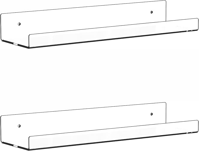 2 Pack Clear Acrylic Shelves for Wall with Adhesive,15 Inch No Drill Floating Shelves for Bathroom,Bedroom,Renter Friendly,Kids Room Bookshelf,Wall Display Shelf for Lego,Funko Pop,Figurine,Perfume