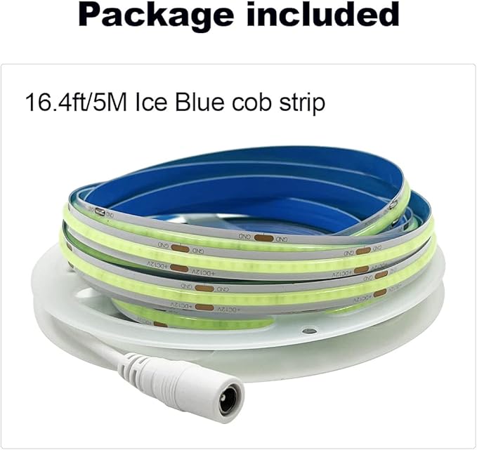HAMRVL COB LED Strip Lights Ice Blue, DC12V 16.4ft/5M 320leds/M CRI90 Bright Flexible LED Tape 8mm, for Indoor Home Cabinet, Bedroom, Kitchen, Stage, Backlight DIY Lighting(Without Power Supply)