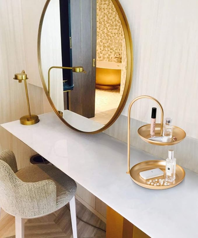 Besttimes Decorative 2 Tire Cosmetic Storage Tray Makeup Organizer Multi-Function Metal Storage Jewelry Organizer (Gold)