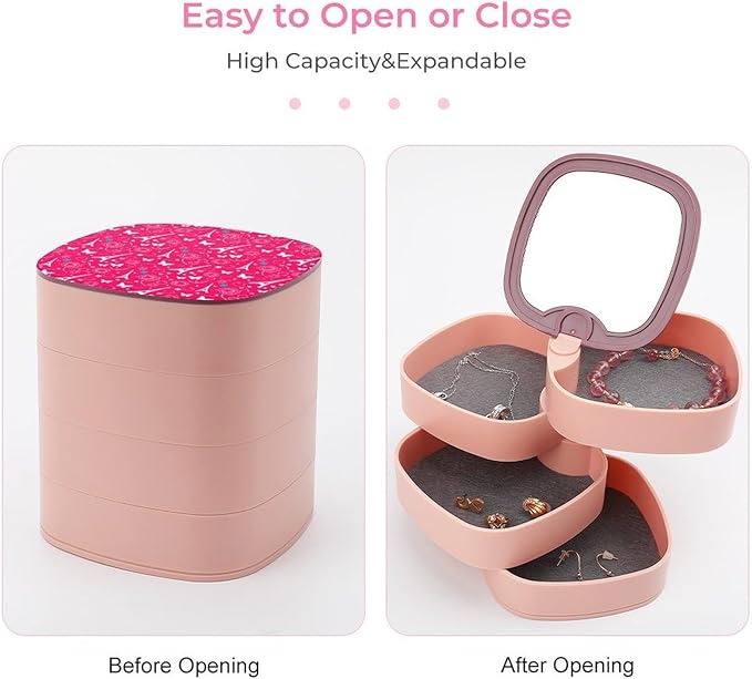 4-Layer Rotating Jewelry Storage Tray Paris Eiffel Tower Butterfly Pink Necklace Ring Earring Organizer Box with Mirror for Bracelets Ring