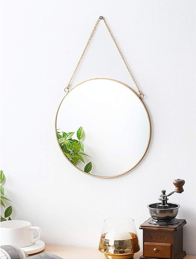 Dahey 11.8-inch Small Hanging Circle Mirror Wall Decor Gold Round Mirror with Hanging Chain for Bathroom Bedroom Living Room Dorm College Office, Gold