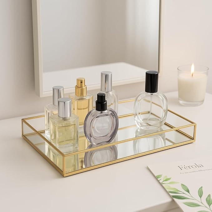 Feyarl Gold Glass Perfume Fragrance Tray Mirror Vanity Jewelry Trinket Magazine Photo Organizer Ornate Cosmetic Makeup Display Decorative Coffee Table Tray for Home Decor Dresser Tabletop （11.8” x 8"）