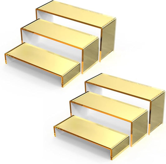 6 PCs Risers Display Stands 3 Tiers Desktop Acrylic Shelves Cake Dessert Holder Products Stand for Collectibles Shoes Jewels Pop Figure (Golden)