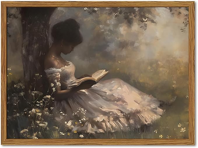 Framed Vintage Wall Art, Moody Black Girl Reading Book Pictures Wall Decor, Victorian Woman African American Paintings Canvas Prints Aesthetic Artwork for Home Living Room Bedroom 16x24 inch