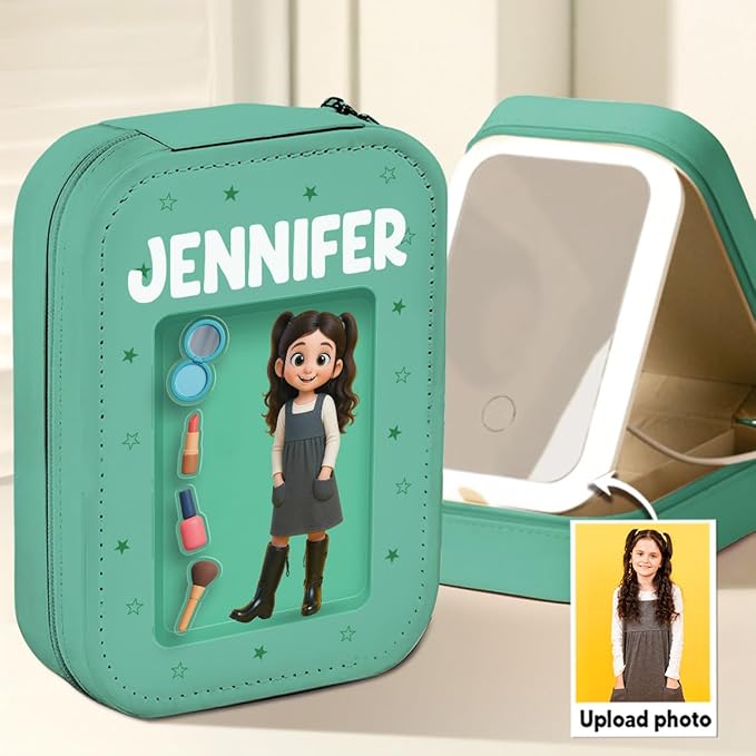 Wrappiness Women & Girls Floral Makeup Box With LED Mirror - Custom Photo Jewelry Box with LED Mirror, PU Leather Organizer Gift for Girls, Daughters, Granddaughters, Keepsake from Mom or Grandma