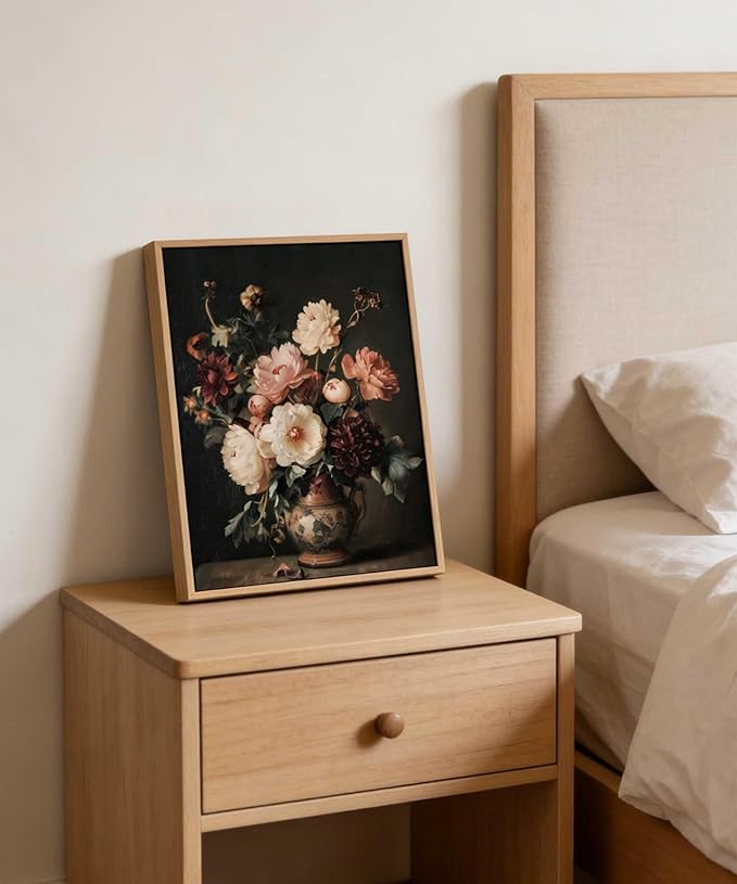 Framed Vintage Dark Floral Wall Art Moody Flower Picture Wall Decor Retro Antique Still Life Painting Print Artwork for Bedroom Bathroom Home Decoration 8x10in