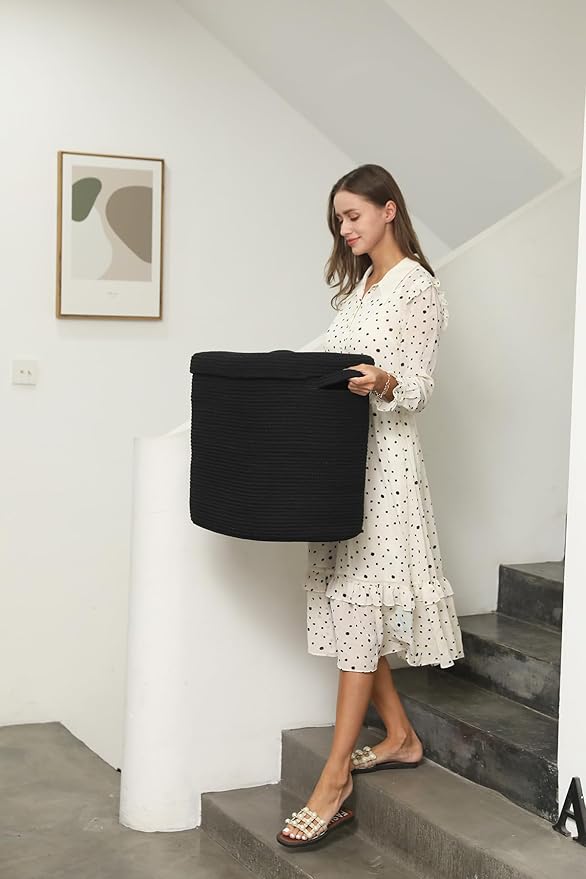 22"x14"x18" Rectangular Extra Large Storage Basket With Lid, Large Cotton Rope Storage Basket, Woven Laundry Hamper, Cloth Storage Bin, for Clothes Towels Blankets in Living Room, All Black