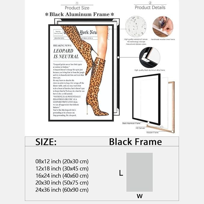 Trendy Newspaper Posters Vintage Leopard Boots Poster Feminist Canvas Prints Retro Fashion Bar Cart Magazine Cover Wall Art for Hot Girl Preppy Y2k Aesthetic Room Home Decor 16x24inch black framed