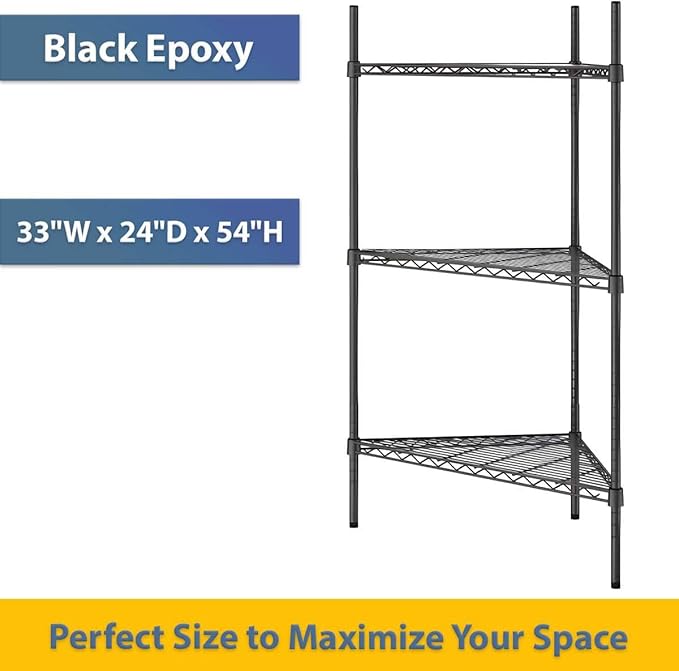 33" W x 24" D x 54" H NSF Black Triangle Heavy Duty Corner Shelving Kit, 3-Shelf Adjustable Wire Rack